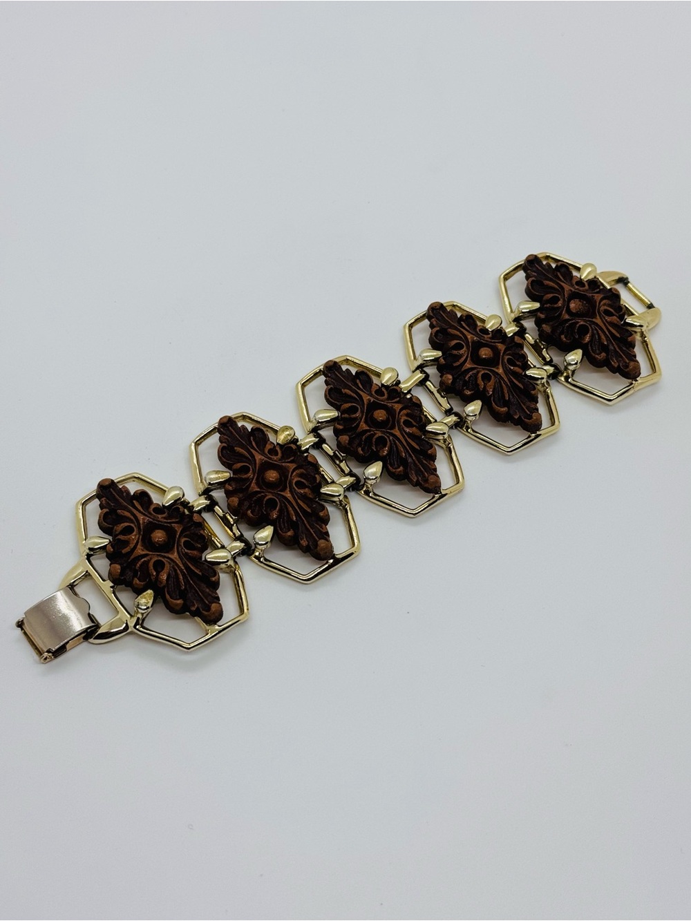 Vintage 1950s–1960s Selini Faux Wood & Gold-Tone Panel Link Bracelet SIGNED
